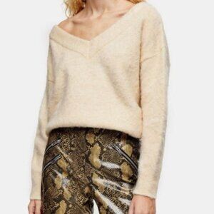 Topshop Oat Knitted Brushed Bardot Sweater